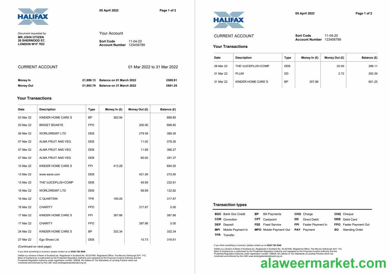United Kingdom Halifax bank statement Word and PDF template, 2 pages, version 2